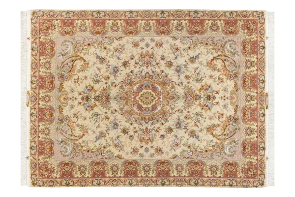 Hand-knotted Persian Tabriz rug with Khatibi floral design, silk warp and wool pile, 55 Raj knots