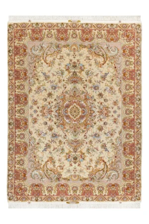 Hand-knotted Persian Tabriz rug with Khatibi floral design, silk warp and wool pile, 55 Raj knots