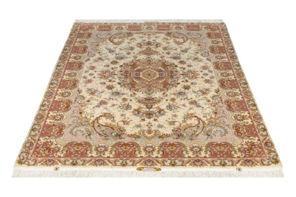 Hand-knotted Persian Tabriz rug with Khatibi floral design, silk warp and wool pile, 55 Raj knots
