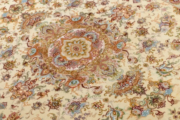 Hand-knotted Persian Tabriz rug with Khatibi floral design, silk warp and wool pile, 55 Raj knots