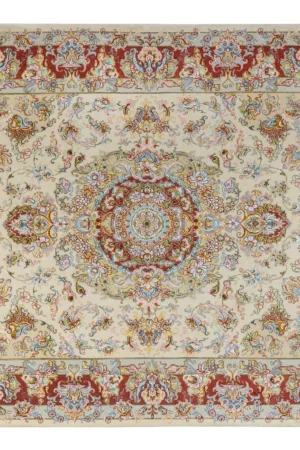 Hand-knotted Persian Tabriz Khatibi rug with intricate floral medallion and red border – 100% wool pile with silk , 55 Raj craftsmanship, 3 sqm