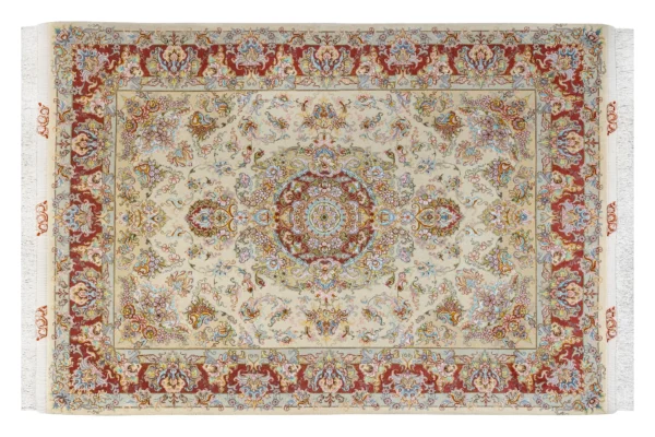 Hand-knotted Persian Tabriz Khatibi rug with intricate floral medallion and red border – 100% wool pile with silk , 55 Raj craftsmanship, 3 sqm