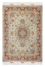 Hand-knotted Persian Tabriz Khatibi rug with intricate floral medallion and red border – 100% wool pile with silk , 55 Raj craftsmanship, 3 sqm