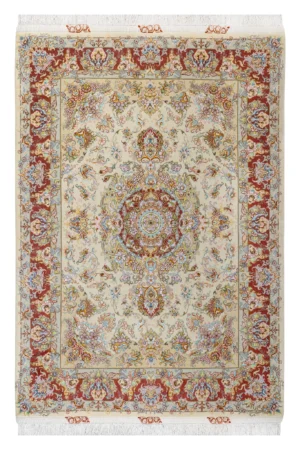 Hand-knotted Persian Tabriz Khatibi rug with intricate floral medallion and red border – 100% wool pile with silk , 55 Raj craftsmanship, 3 sqm