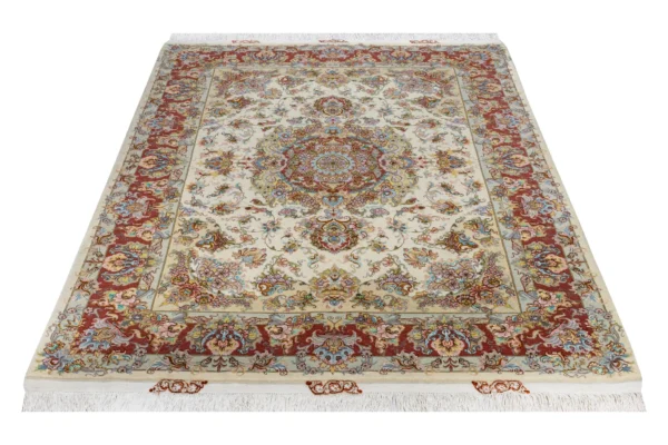 Hand-knotted Persian Tabriz Khatibi rug with intricate floral medallion and red border – 100% wool pile with silk , 55 Raj craftsmanship, 3 sqm