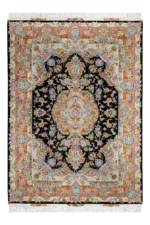 Persian Tabriz rug khatibi design with black medallion field and intricate floral border with silk and fine wool