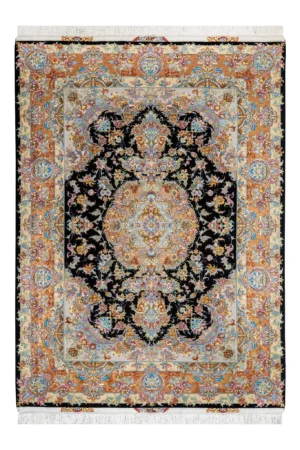Persian Tabriz rug khatibi design with black medallion field and intricate floral border with silk and fine wool