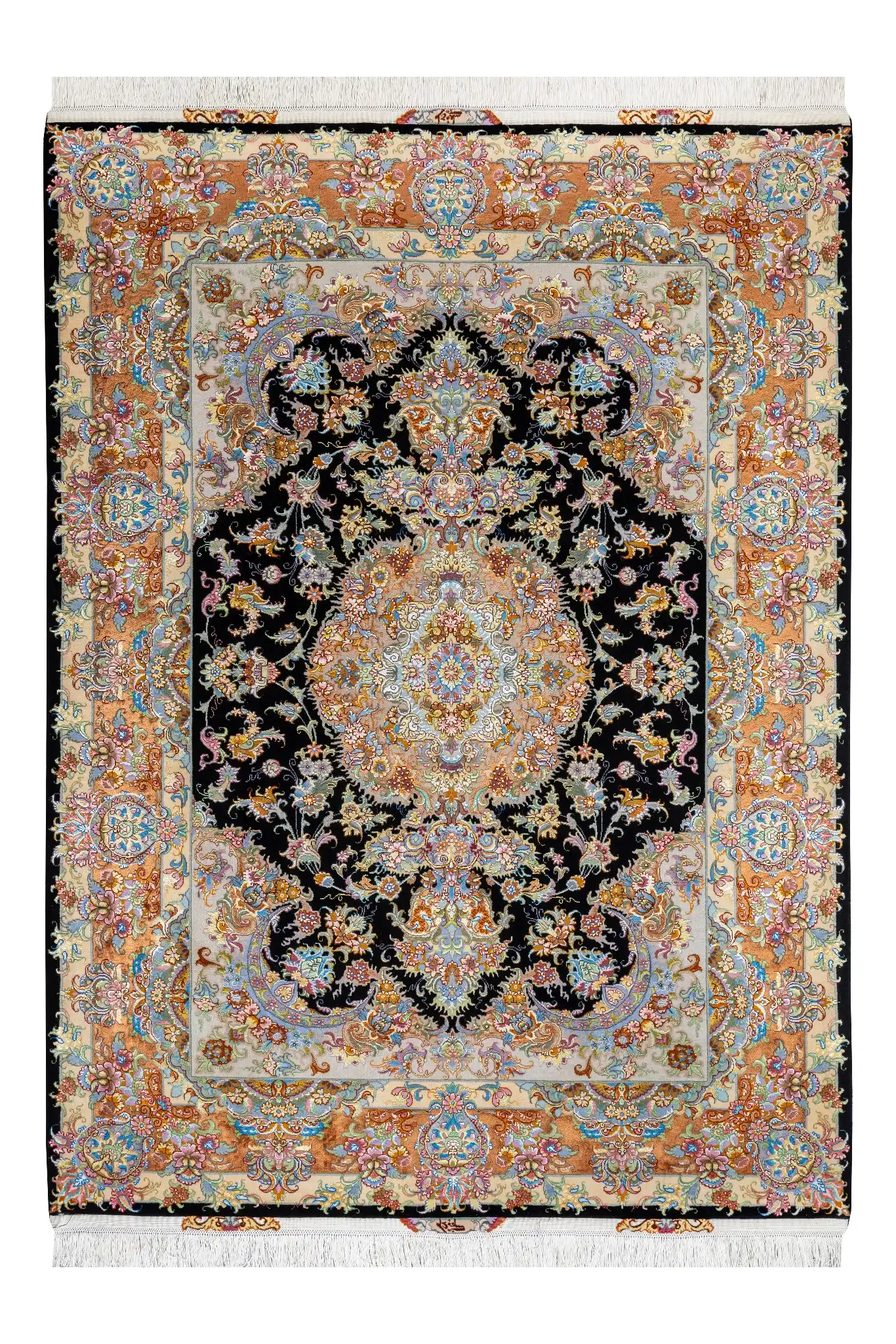 persian-hand-knotted-tabriz-khatibi-parsarugs-827-0 Persian Tabriz rug khatibi design with black medallion field and intricate floral border with silk and fine wool