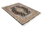 Persian Tabriz rug khatibi design with black medallion field and intricate floral border with silk and fine wool