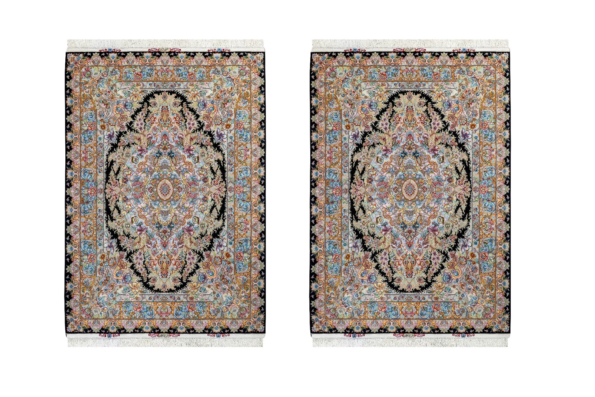 persian-hand-knotted-tabriz-khatibi-parsarugs-947-0 Twin hand-knotted Persian Tabriz carpets with Khatibi floral design, silk warp and wool pile, 55 Raj, 3 sqm each