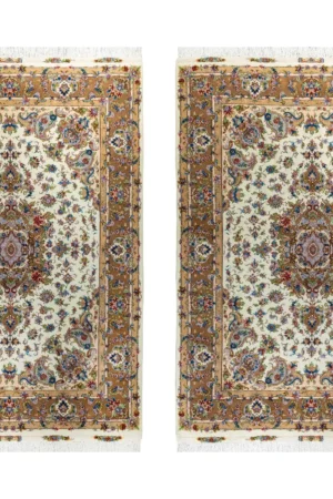 Hand-knotted Persian Khatibi rugs from Mashhad with intricate ivory and gold floral design, crafted in fine wool and silk.