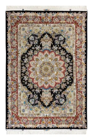 Hand-knotted Persian Tabriz Khatibi silk and wool rug with floral medallion, 60 Raj, 3 sqm