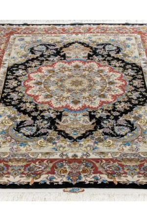Hand-knotted Persian Tabriz Khatibi silk and wool rug with floral medallion, 60 Raj, 3 sqm