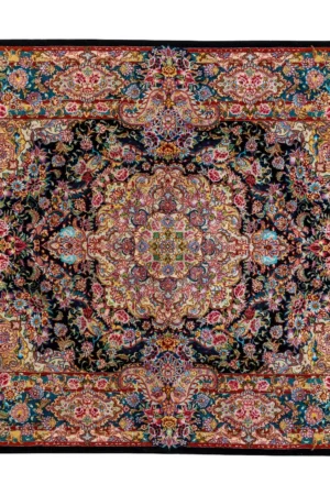 Persian hand-knotted Tabriz rug in Salaari design, 3 sqm size, made of fine wool and silk, with intricate medallion and floral motifs in dark blue and red tones