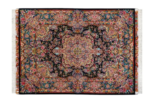 Persian hand-knotted Tabriz rug in Salaari design, 3 sqm size, made of fine wool and silk, with intricate medallion and floral motifs in dark blue and red tones