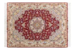 Parsa Rugs Hand-knotted Persian Tabriz rug in Olia design, burgundy field with ivory border and floral medallion, 3 sqm fine wool and silk carpet
