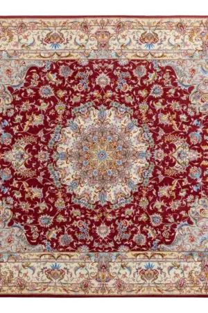 Parsa Rugs Hand-knotted Persian Tabriz rug in Olia design, burgundy field with ivory border and floral medallion, 3 sqm fine wool and silk carpet
