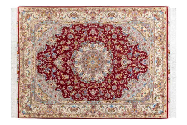 Parsa Rugs Hand-knotted Persian Tabriz rug in Olia design, burgundy field with ivory border and floral medallion, 3 sqm fine wool and silk carpet