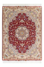 Parsa Rugs Hand-knotted Persian Tabriz rug in Olia design, burgundy field with ivory border and floral medallion, 3 sqm fine wool and silk carpet