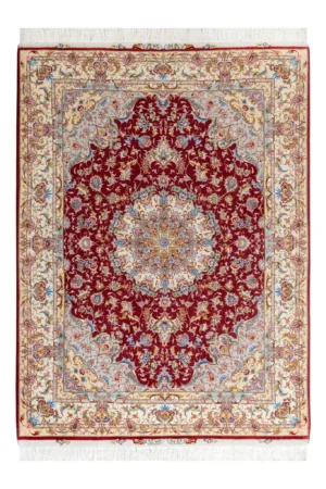 Parsa Rugs Hand-knotted Persian Tabriz rug in Olia design, burgundy field with ivory border and floral medallion, 3 sqm fine wool and silk carpet