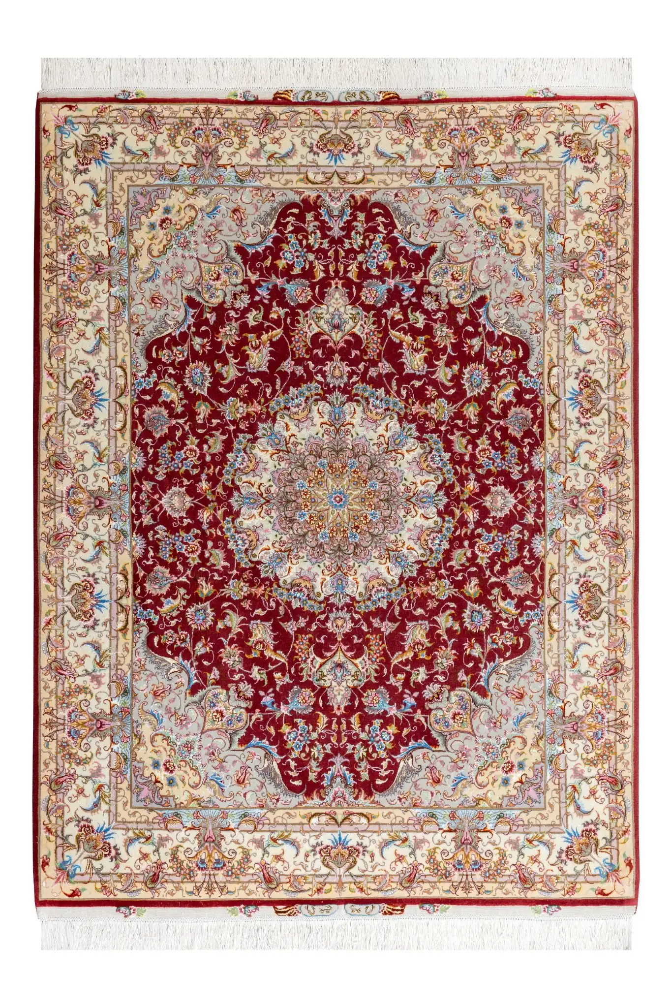 persian-tabriz-hand-knotted-rug-Olia-3 sqm-823-00 Parsa Rugs Hand-knotted Persian Tabriz rug in Olia design, burgundy field with ivory border and floral medallion, 3 sqm fine wool and silk carpet