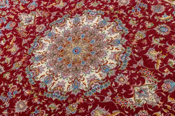 Parsa Rugs Hand-knotted Persian Tabriz rug in Olia design, burgundy field with ivory border and floral medallion, 3 sqm fine wool and silk carpet