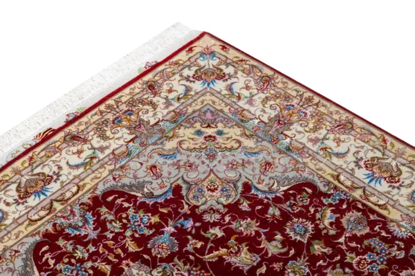 Parsa Rugs Hand-knotted Persian Tabriz rug in Olia design, burgundy field with ivory border and floral medallion, 3 sqm fine wool and silk carpet