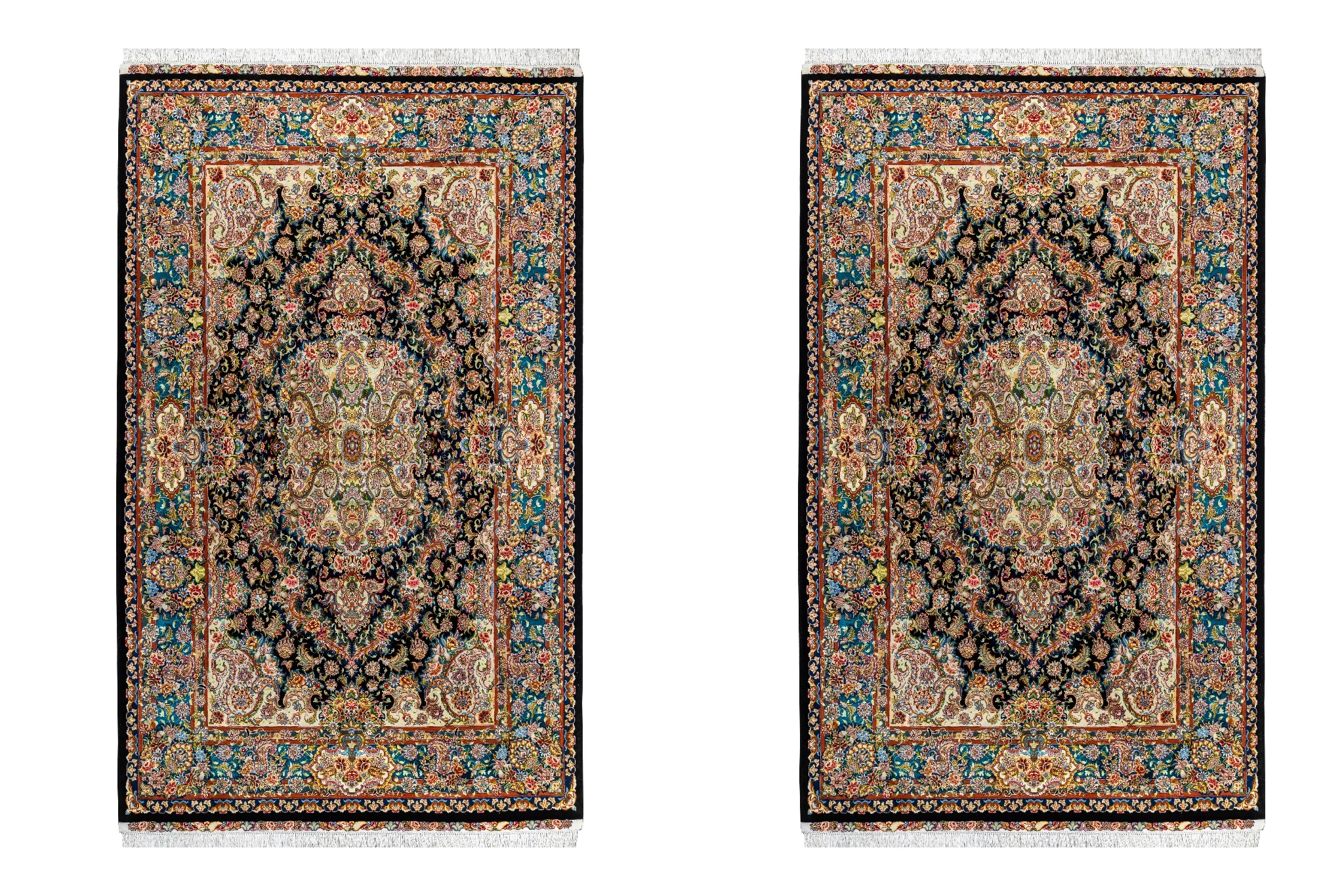twin-carpets-hand-knotted-silk-iran-tabriz-579-0 Pair of hand-knotted Persian Tabriz rugs in silk and wool with intricate Salaari floral motifs – approx. 6 sqm, 60 Raj knot density