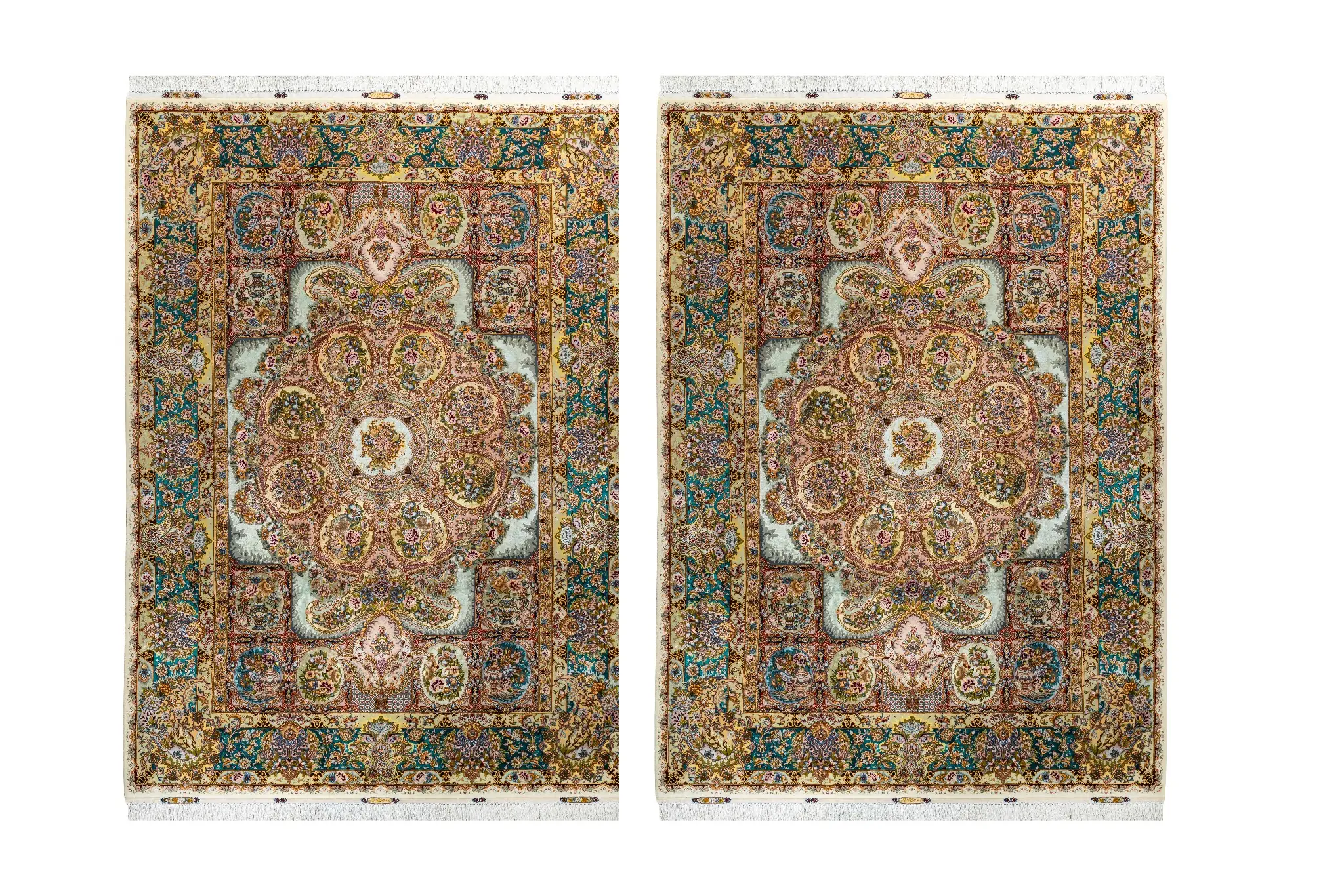 twin-persian-carpets-hand-knotted-tabriz-parsarugs-1028-0 Tabriz Zaare Persian twin carpets, hand-knotted silk and wool, 65 Raj, pastel tones by Parsa Rugs