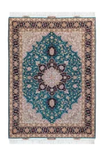 Hand-knotted Persian Heris design carpet from Tabriz, featuring teal green and black medallion pattern with silk-accented floral motifs – 2 x 1.5 meters.