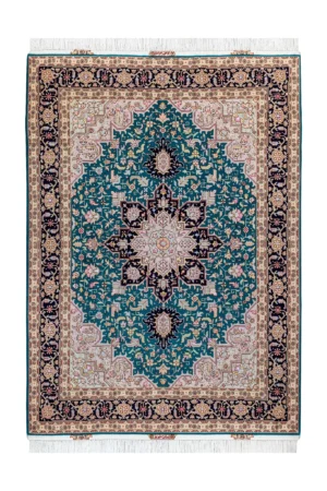 Hand-knotted Persian Heris design carpet from Tabriz, featuring teal green and black medallion pattern with silk-accented floral motifs – 2 x 1.5 meters.