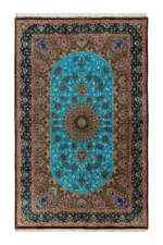 Qom Persian silk carpet with turquoise design, hand-knotted in Iran, 80 Raj density by Parsa Rugs