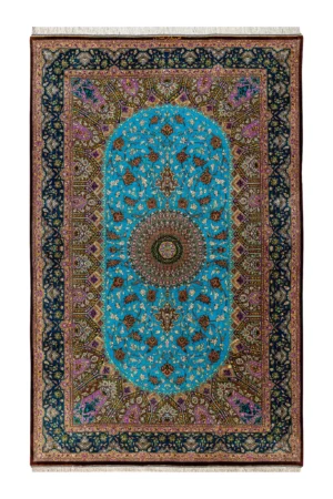 Qom Persian silk carpet with turquoise design, hand-knotted in Iran, 80 Raj density by Parsa Rugs