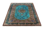 Qom Persian silk carpet with turquoise design, hand-knotted in Iran, 80 Raj density by Parsa Rugs