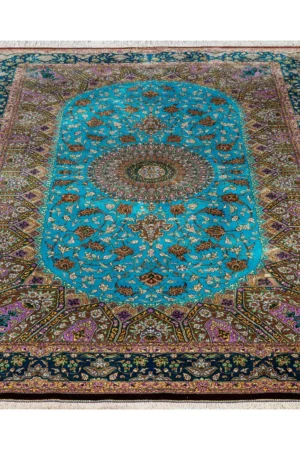 Qom Persian silk carpet with turquoise design, hand-knotted in Iran, 80 Raj density by Parsa Rugs
