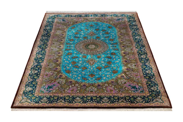 Qom Persian silk carpet with turquoise design, hand-knotted in Iran, 80 Raj density by Parsa Rugs