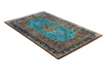 Qom Persian silk carpet with turquoise design, hand-knotted in Iran, 80 Raj density by Parsa Rugs