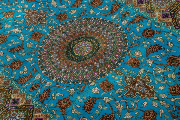 Qom Persian silk carpet with turquoise design, hand-knotted in Iran, 80 Raj density by Parsa Rugs