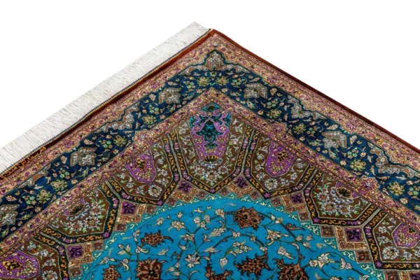 Qom Persian silk carpet with turquoise design, hand-knotted in Iran, 80 Raj density by Parsa Rugs