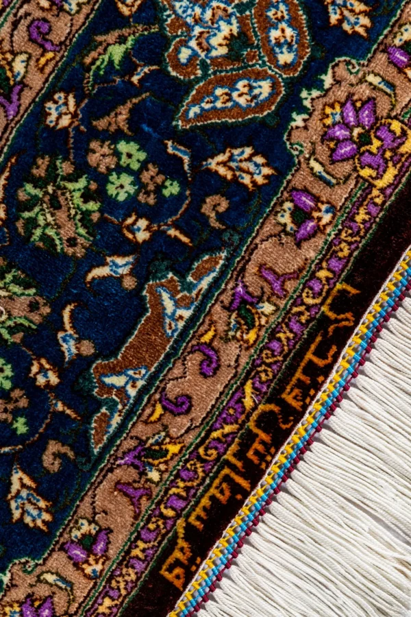 Qom Persian silk carpet with turquoise design, hand-knotted in Iran, 80 Raj density by Parsa Rugs