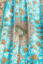 Qom Persian silk carpet with turquoise design, hand-knotted in Iran, 80 Raj density by Parsa Rugs