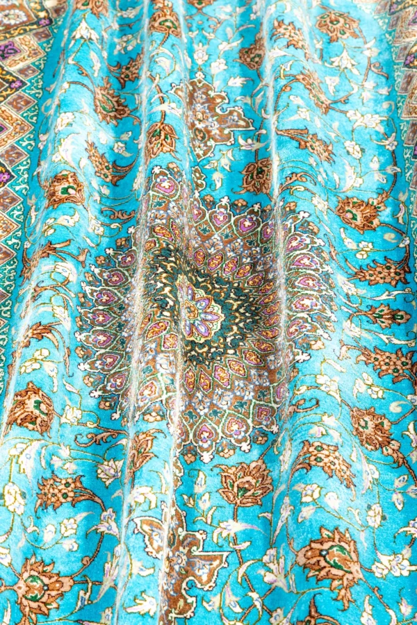 Qom Persian silk carpet with turquoise design, hand-knotted in Iran, 80 Raj density by Parsa Rugs