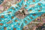 Qom Persian silk carpet with turquoise design, hand-knotted in Iran, 80 Raj density by Parsa Rugs
