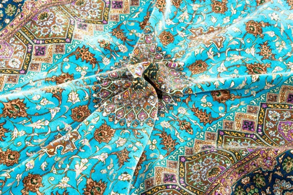 Qom Persian silk carpet with turquoise design, hand-knotted in Iran, 80 Raj density by Parsa Rugs