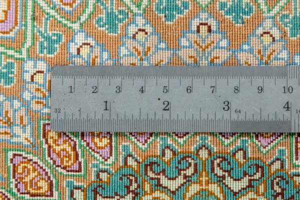 Qom Persian silk carpet with turquoise design, hand-knotted in Iran, 80 Raj density by Parsa Rugs