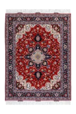 Persian Hand-knotted Tabriz Heris rug in red and navy in 3 sqm, fine wool on cotton with silk by Parsa Rugs.