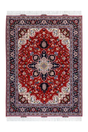 Persian Hand-knotted Tabriz Heris rug in red and navy in 3 sqm, fine wool on cotton with silk by Parsa Rugs.