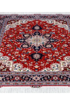 Persian Hand-knotted Tabriz Heris rug in red and navy in 3 sqm, fine wool on cotton with silk by Parsa Rugs.