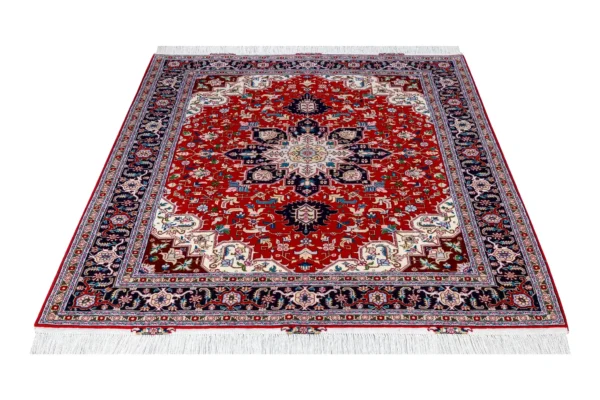 Persian Hand-knotted Tabriz Heris rug in red and navy in 3 sqm, fine wool on cotton with silk by Parsa Rugs.