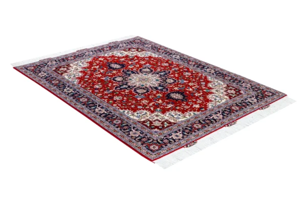 Persian Hand-knotted Tabriz Heris rug in red and navy in 3 sqm, fine wool on cotton with silk by Parsa Rugs.